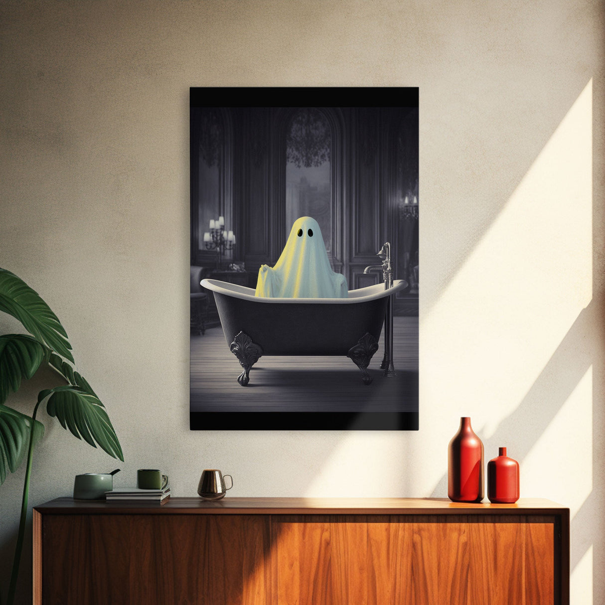 Funny Halloween Art, Ghost Takin' A Bath, Framed Canvas Print, Halloween Canvas, Ghost In The Tub, Goofy Gothic Victorian Art