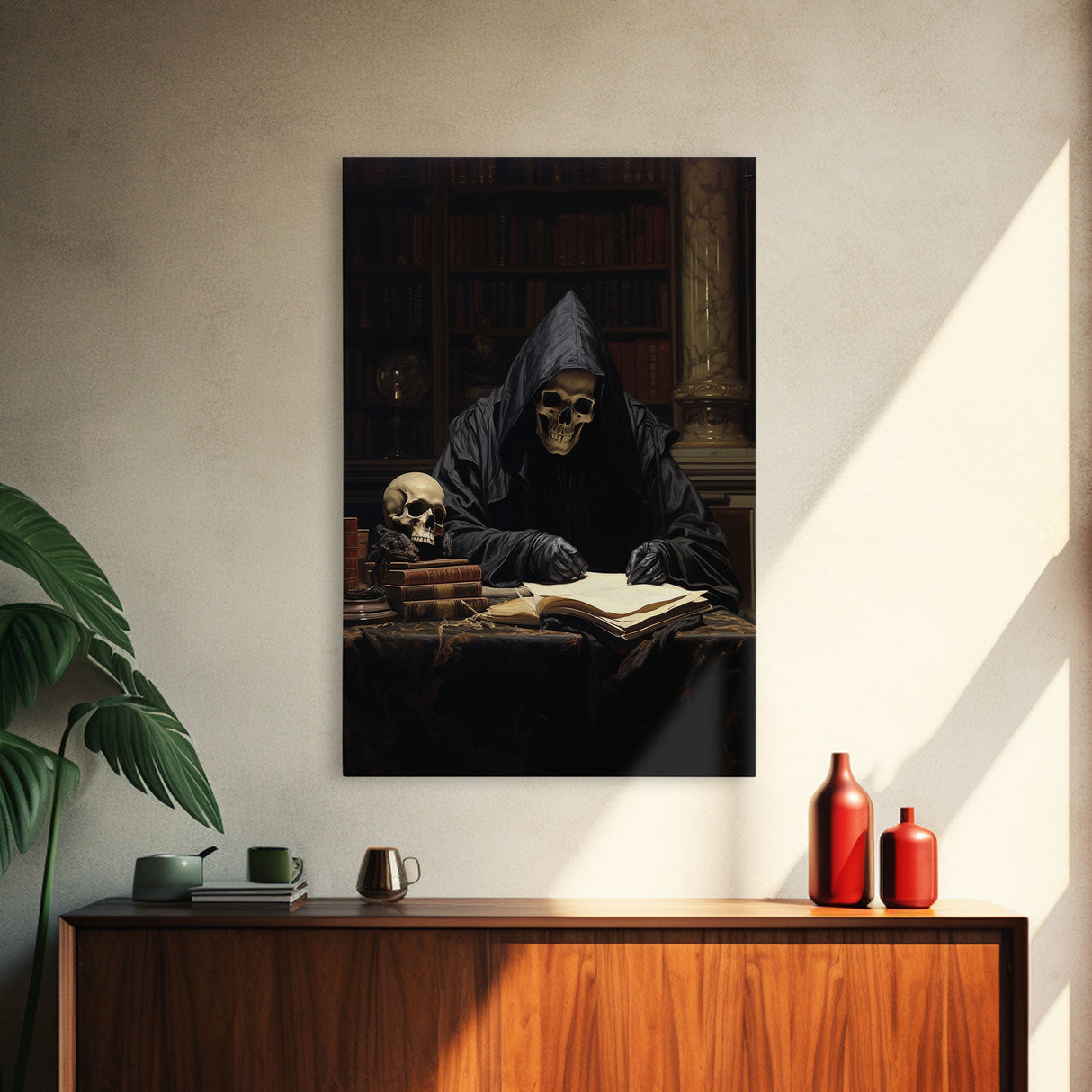 The Grim Reaper In His Study, Gothic Halloween Decor, Framed Canvas Print, Scary Horror Art, Goth Decor, Moody Oil Painting, Dark Academia