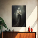 The Ghost With The Flowers, Gothic Halloween Decor, Framed Canvas Print, Scary Horror Art, Goth Decor, Moody Oil Painting, Dark Academia