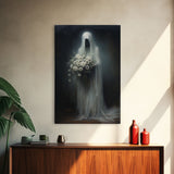 The Ghost With The Flowers, Halloween Canvas Print, Framed Canvas, Unique Wall Art, Goth Art, Dark Academia, Witch Art, Witchcraft