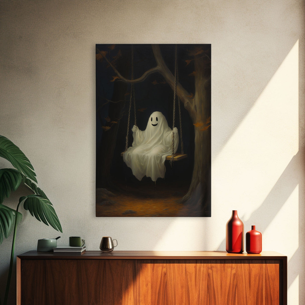 The Happy Playground Ghost, Funny Halloween, Vintage Halloween Canvas, Framed Canvas Print, Cute Wall Art, Ghost On A Swing, Macabre Art