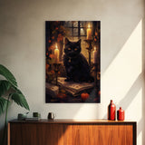 Black Cat Art, Framed  Canvas Print, Halloween Canvas Print, Goth Art, Dark Academia, Fall Decor, Witchy Vibes