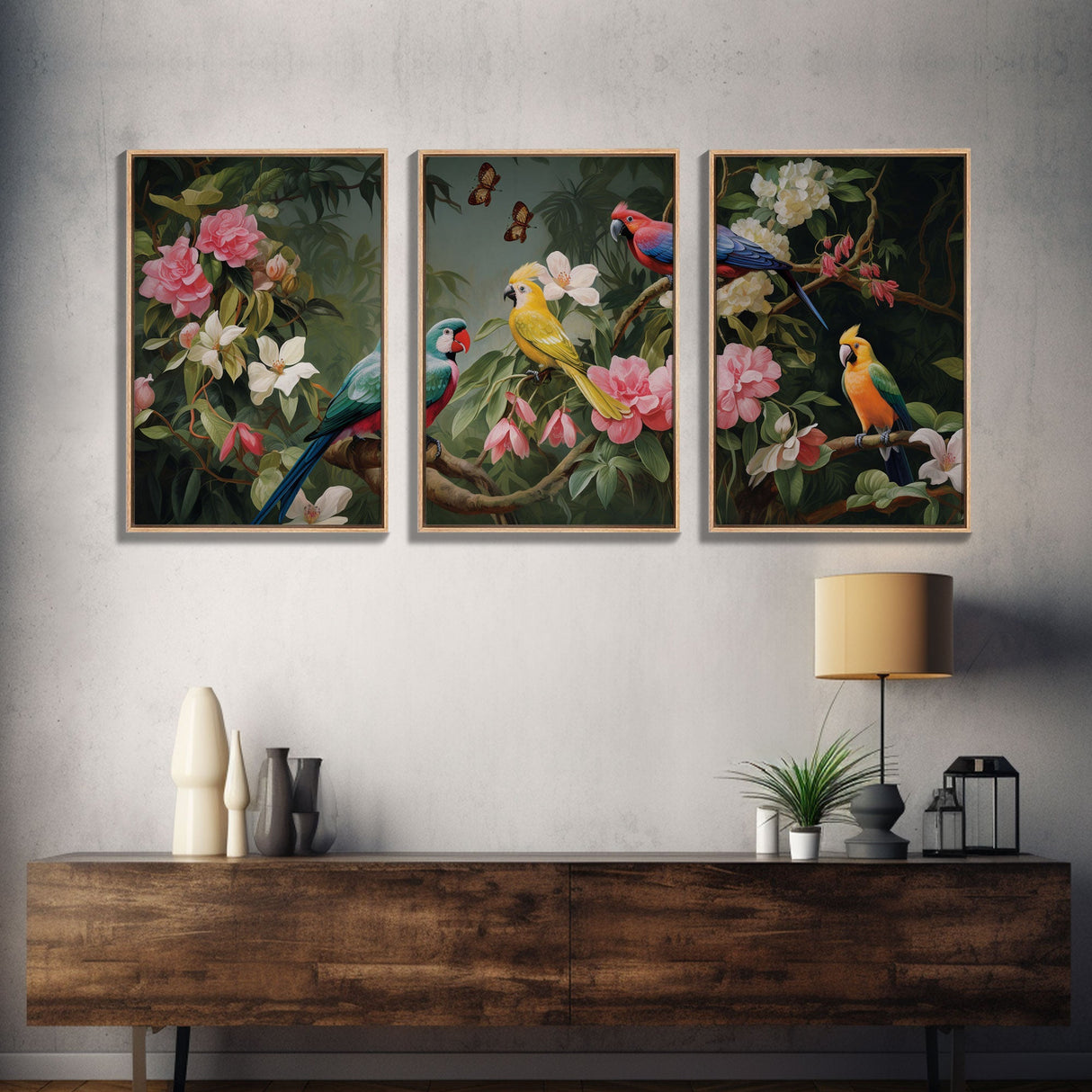 Flowers Wall Print, Tropical Wall Art, Macaw, Jungle Art Print, Canvas Print, Wall Art, 3 Piece Wall Art, Modern Office Art, Wedding Gift