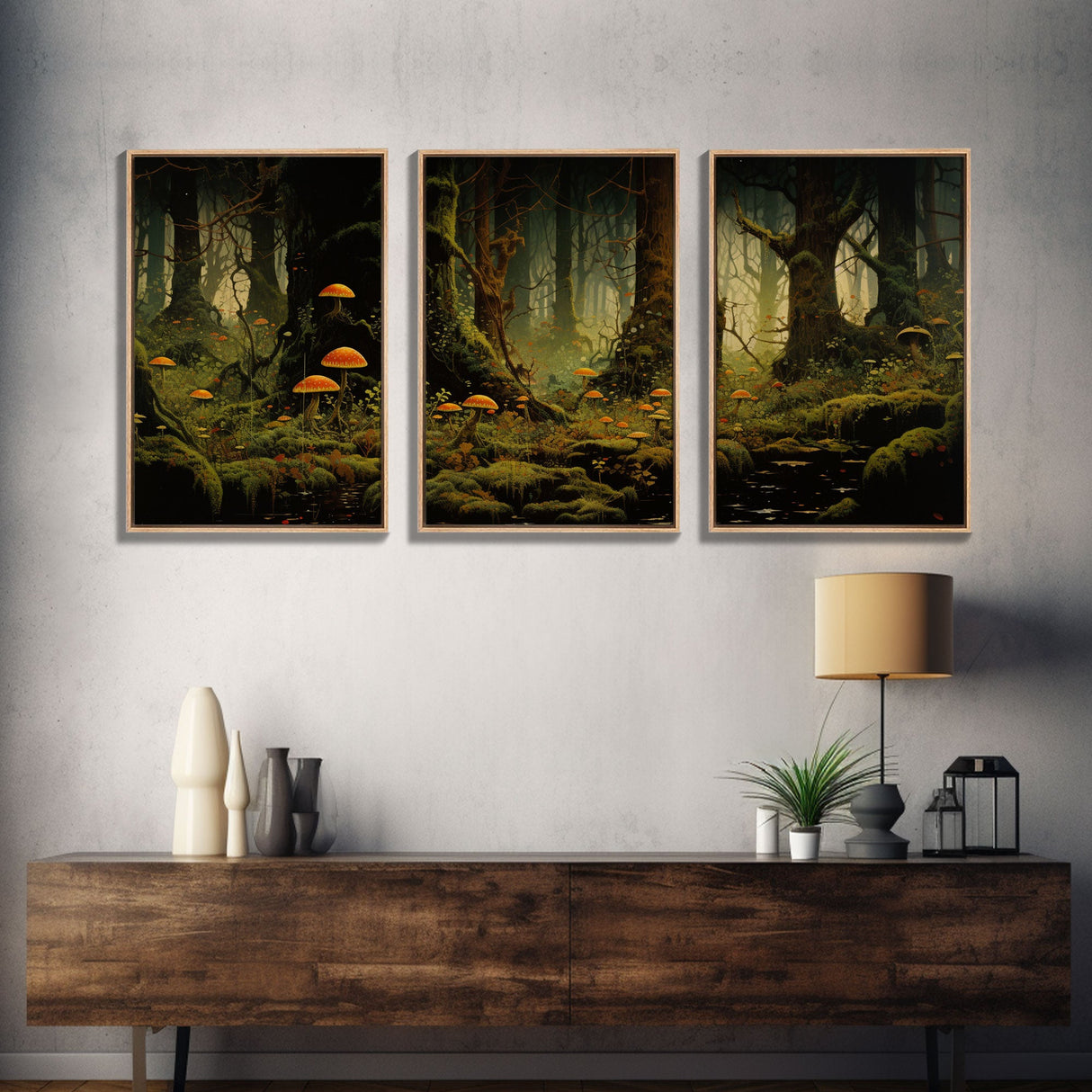 Forest Wall Art, Mushroom Art Print, Trees Art, Canvas Print, Wall Art, 3 Piece Wall Art, Modern Home Decor, Above Bed Art, Indie Room Decor