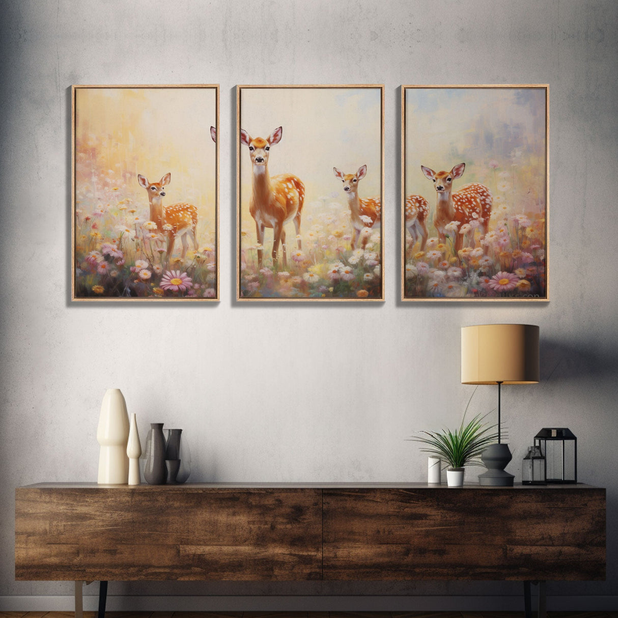 Deer Wall Art, Animal Art Print, Wildflower Meadow, Canvas Print, Wall Art, 3 Piece Wall Art, Country Home Decor, Boho Wall Art, Room Decor