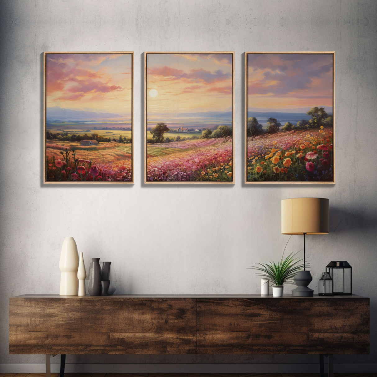 French Countryside Art, 3 Panel Art, Framed Canvas Prints, Extra Large Wall Art, Boho Minimalist Centerpiece Art, Huge Art Painting