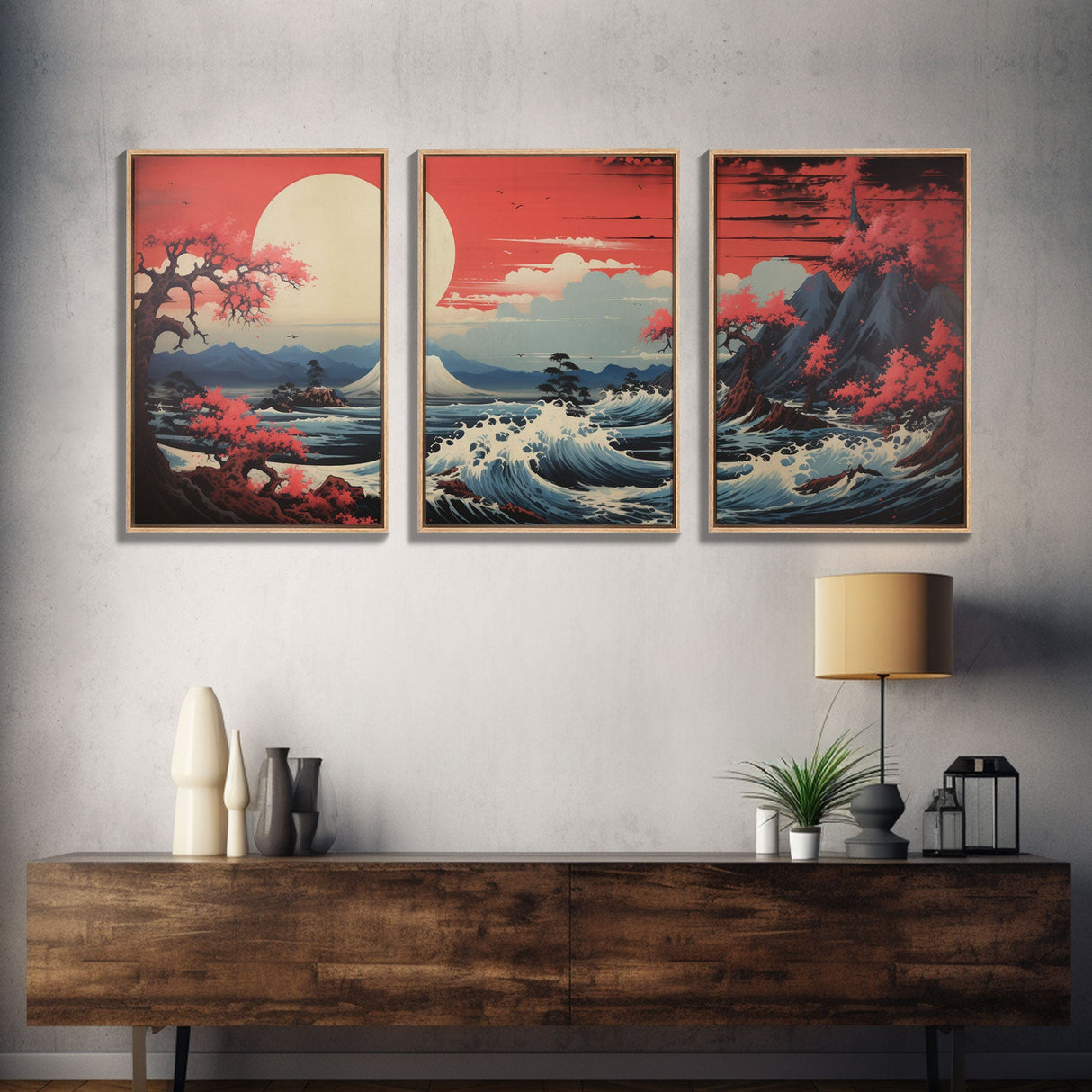 Asian Art, Japanese Wall Art, Mountains Print, Sunset Print, Canvas Print, Wall Art, 3 Piece Wall Art, Dorm Room Art, Gaming Wall Decor