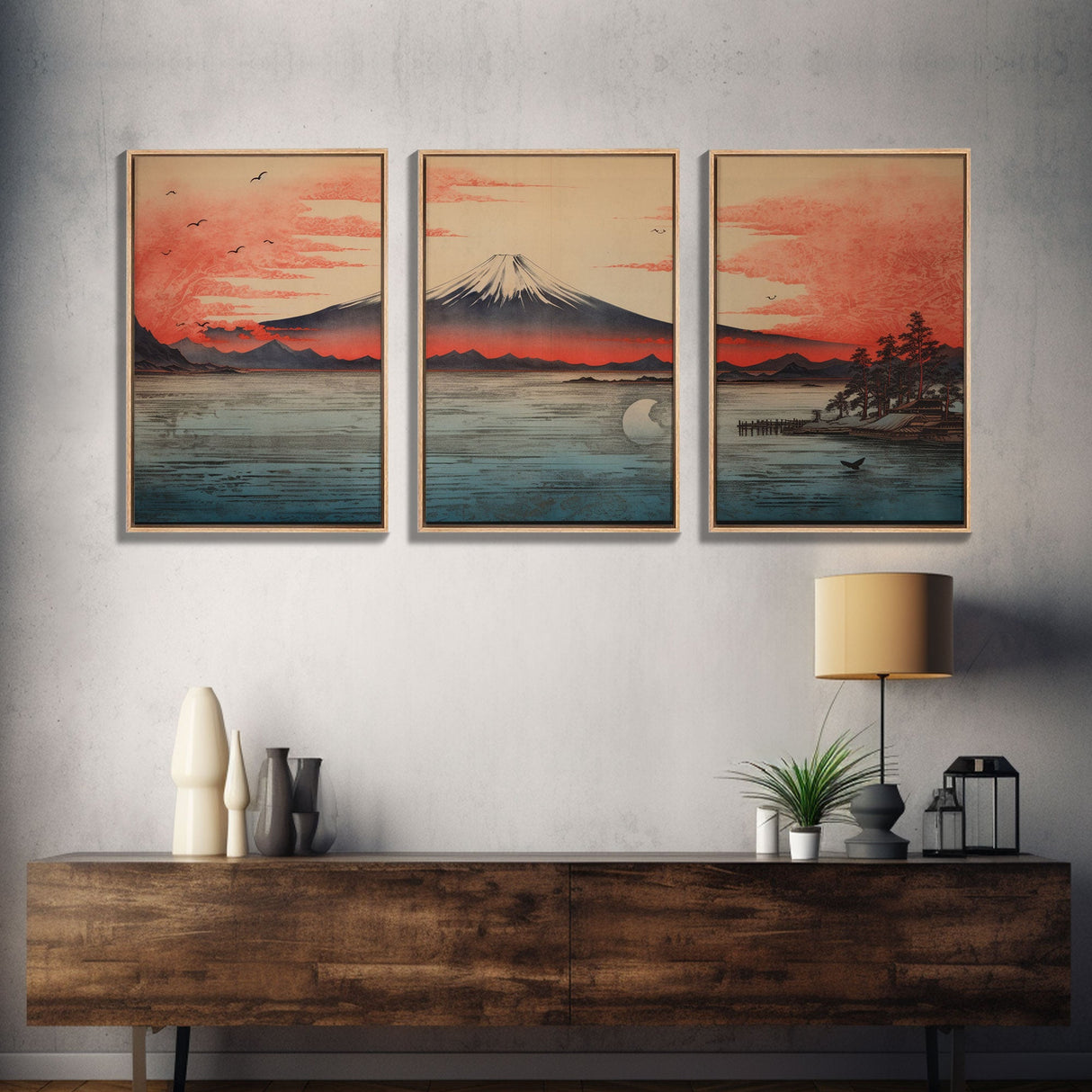 Japanese Ukiyo-e Mountains Sunset Set of 3 Prints, Japanese Ink Block, Ukiyo-e Wall Art, Living Room Art, Above Bed Decor, 3 Panel Print Set