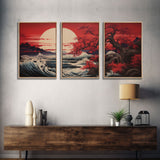 Ocean Art Print,  Cherry Blossom, Asian Art, Japanese Wall Art, Canvas Print, Wall Art, 3 Piece Wall Art, Apartment Wall Decor, Room Decor