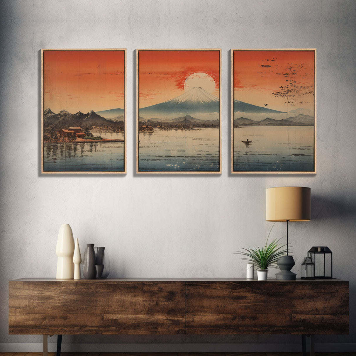 Lake Art Print, Volcano Wall Art, Asian Art, Japanese Wall Art, Canvas Print, Wall Art, 3 Piece Wall Art, Bookshelf Decor, Laundry Room Art