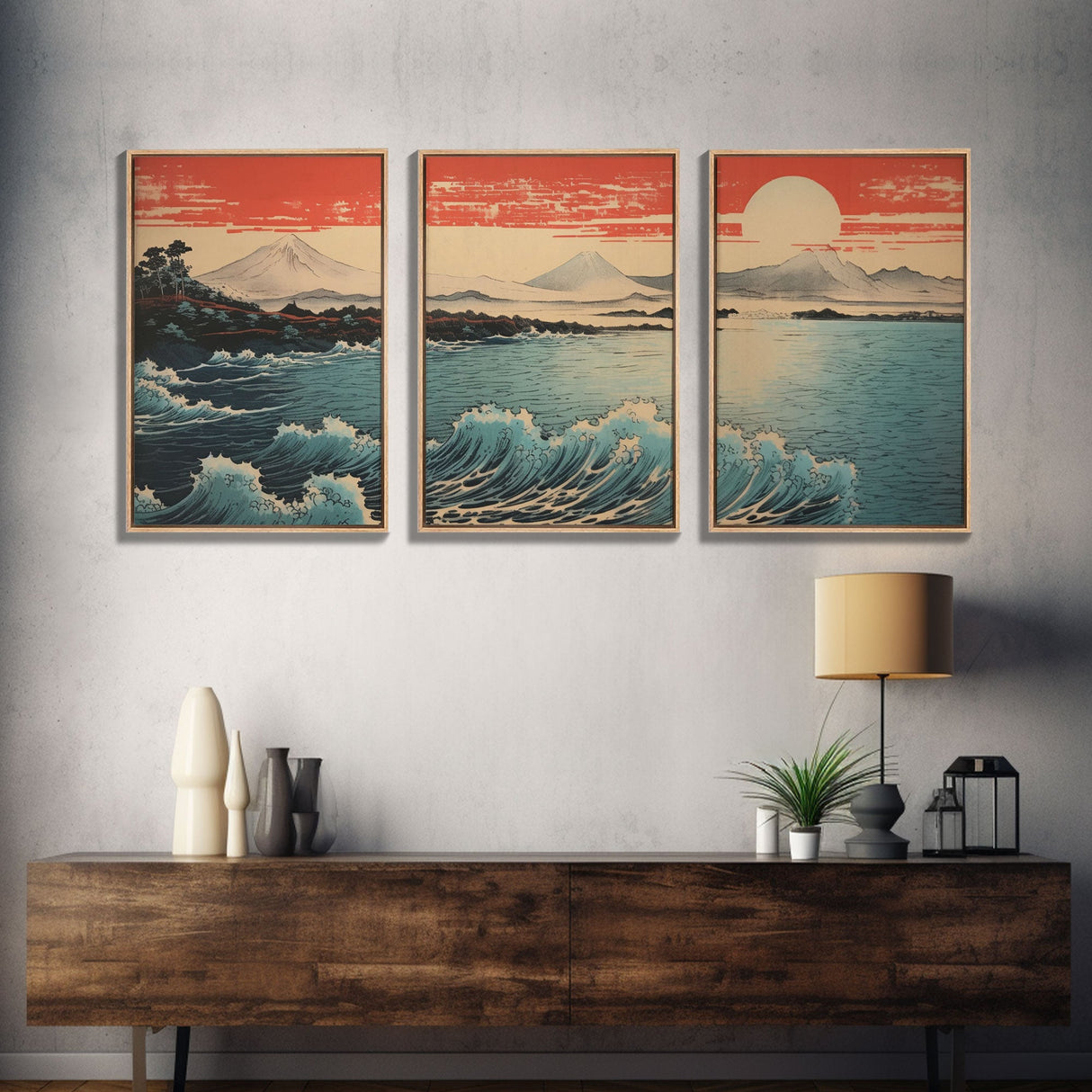 Ocean Waves, Mountains Wall Art, Asian Art, Japanese Wall Art, Canvas Print, Wall Art, 3 Piece Wall Art, Family Home Decor, Indie Room Decor