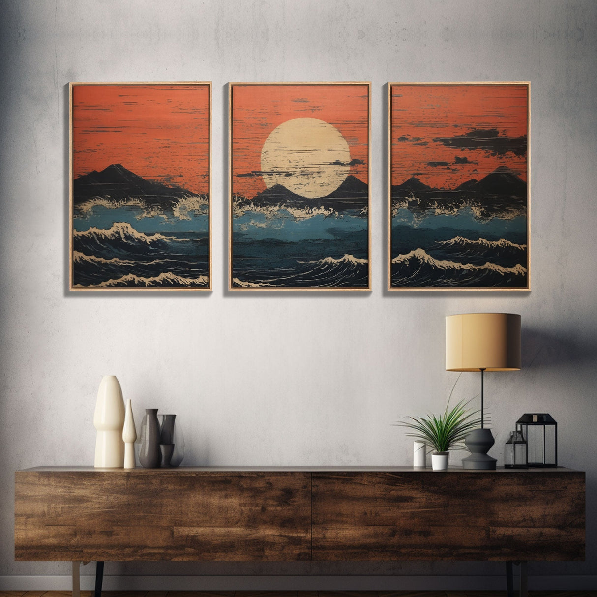 Japanese Ukiyo-e Ink Block Canvas Prints, Triptych Art, 3 Panel Wall Art, 3 Piece Set, Framed Canvas Art, Wall Decor, Above Couch Art