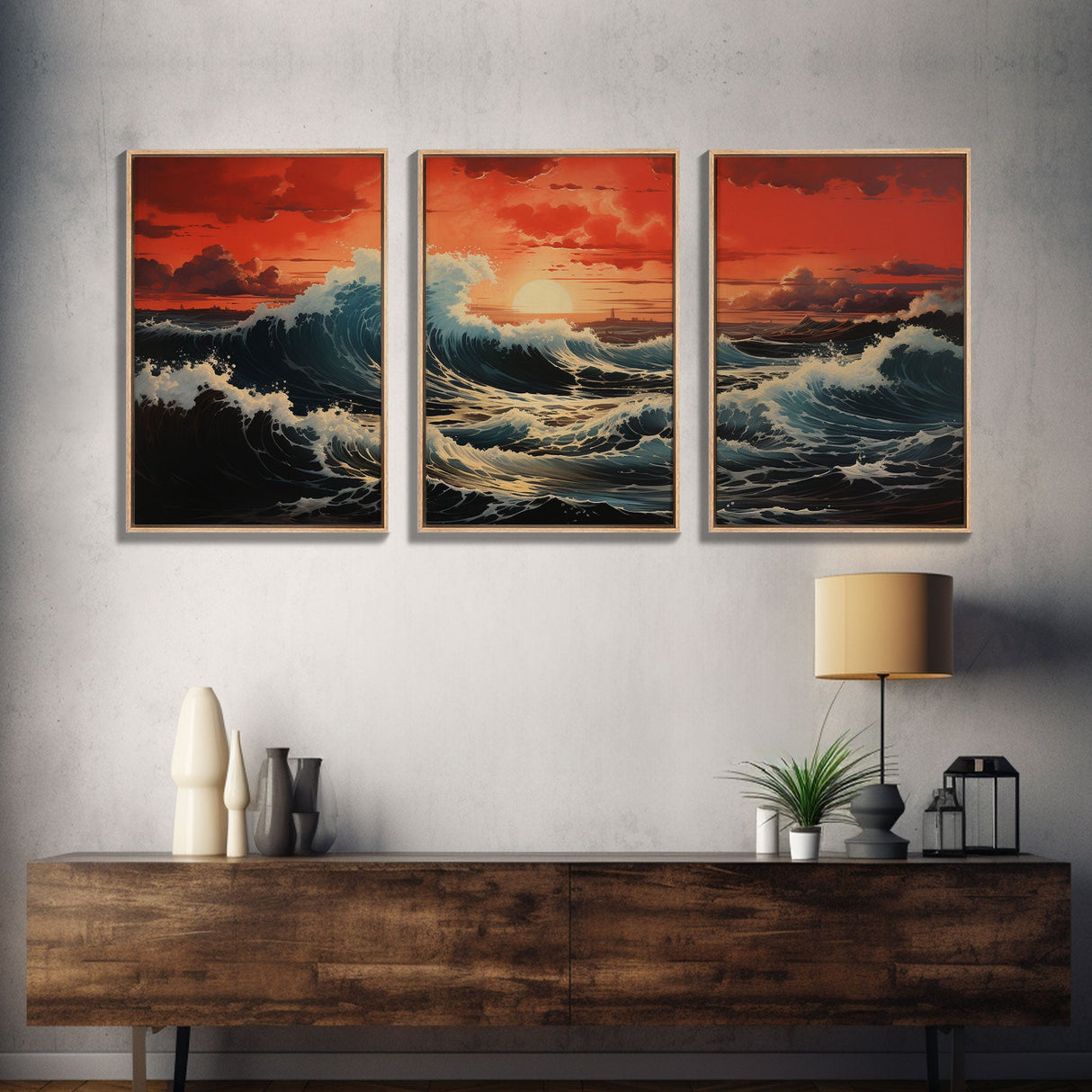 Asian Art, Japanese Wall Art, Ocean Waves, Sunset Art, Canvas Print, Wall Art, 3 Piece Wall Art, Trendy Wall Art, Modern Art Prints