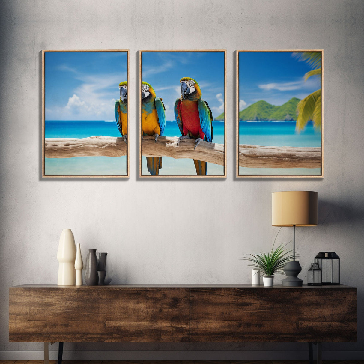 Parrot Wall Art, Tropical Wall Art, Beach Art Print, Seascape Print, Canvas Print, Wall Art, 3 Piece Wall Art, Apartment Wall Decor