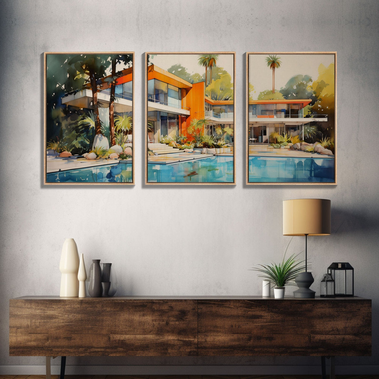 Architecture Print, Mid-century House Art,  Canvas Print, Wall Art, 3 Piece Wall Art, Real Estate Gift, Family Room Art, Entryway Prints