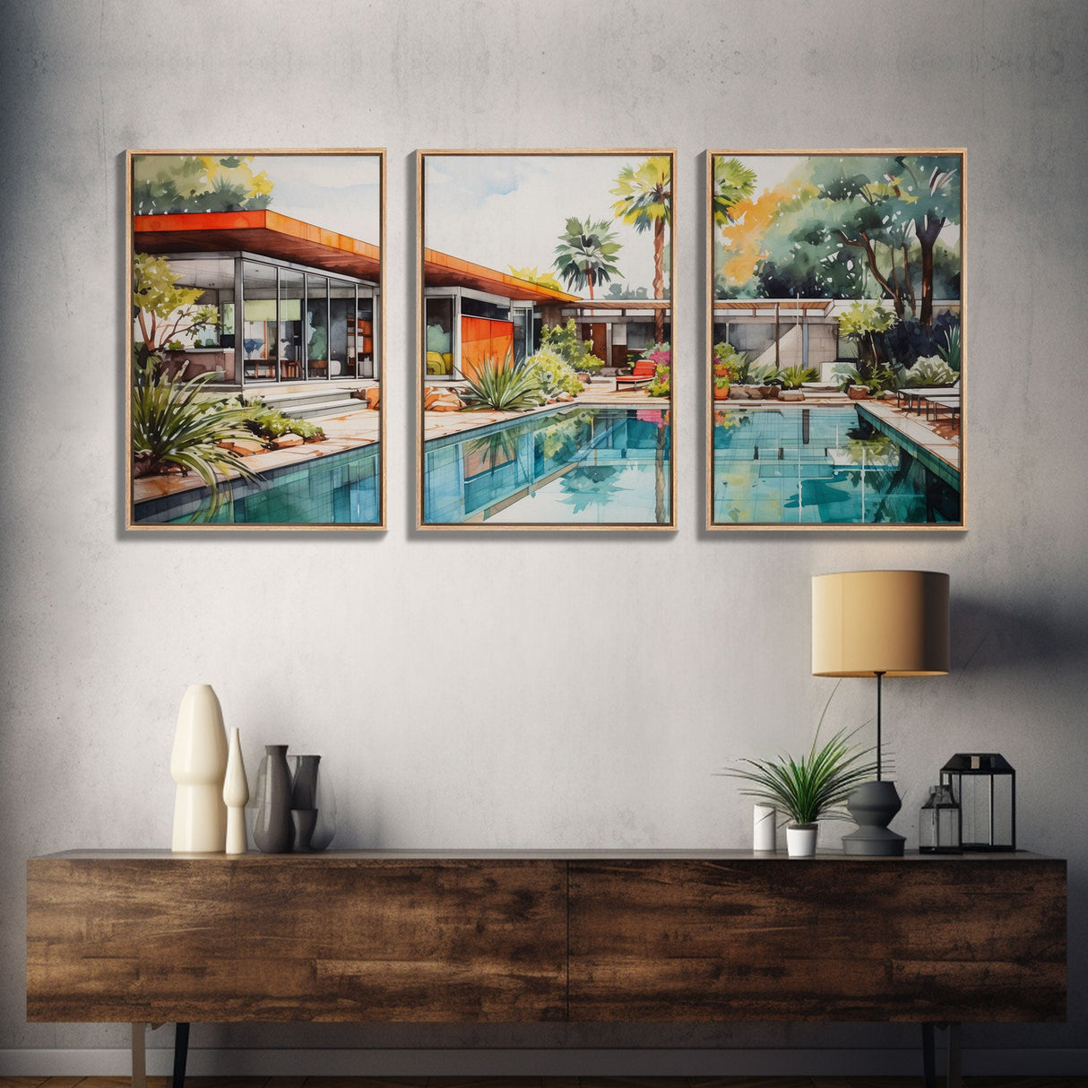 Mid-century House Art, Architecture Print, Canvas Print, Wall Art, 3 Piece Wall Art, Real Estate Gift, Unique Wall Decor, Office Wall Art