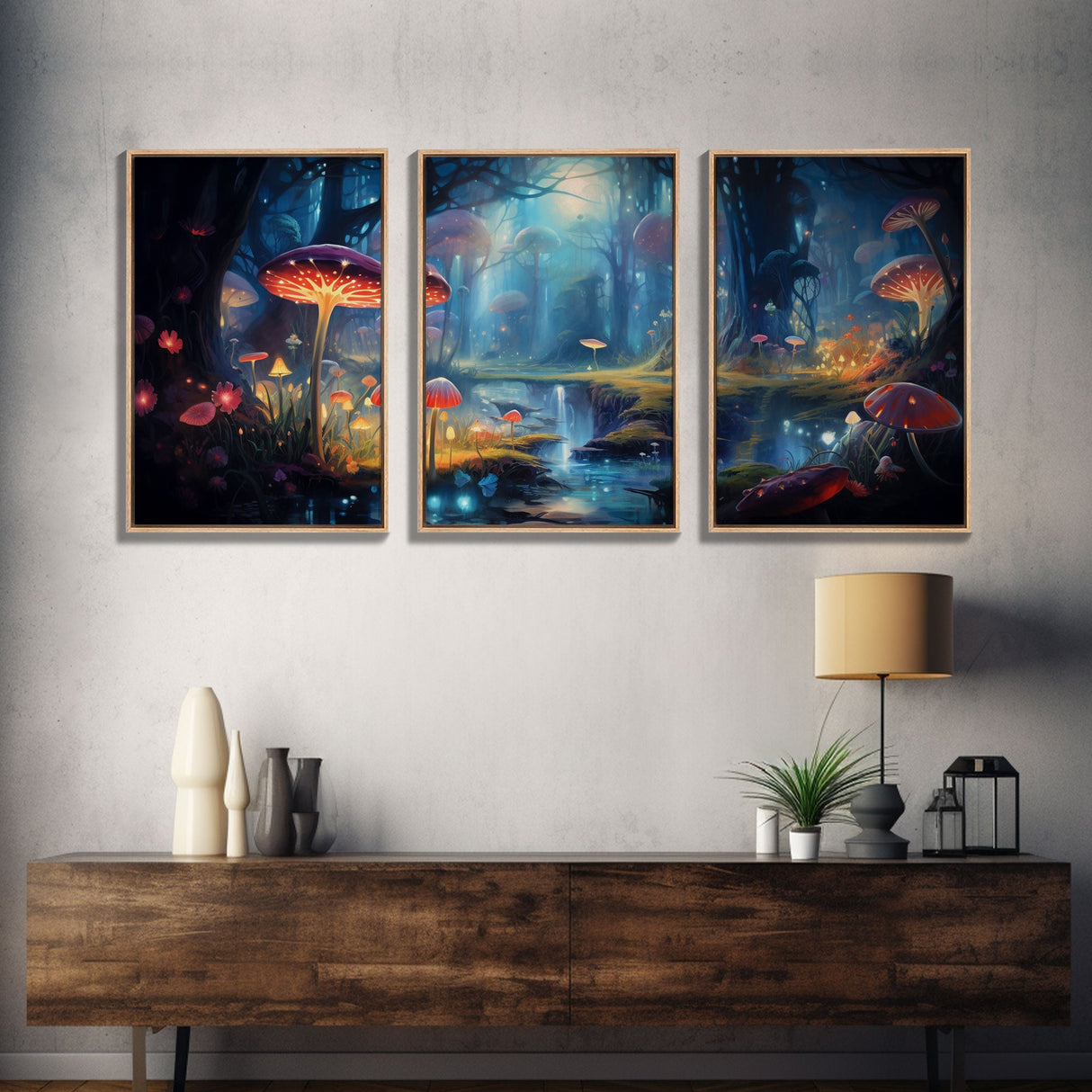 Magical dark forest art print on canvas, fantasy forest, oil style painting, large landscape wall art for home, ready to hang, 3 Piece Art