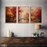 Fall Decor, 3 Piece Wall Art Set, Autumn Forest Oil Painting Canvas Prints, Fall Decorations, Halloween Art, Fall Forest Landscape Painting