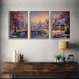 3 Piece Winter Scene, Framed Canvas Prints, Triptych Christmas Painting, Christmas Decor, Winter Art, Christmas Wall art, Xmas Art