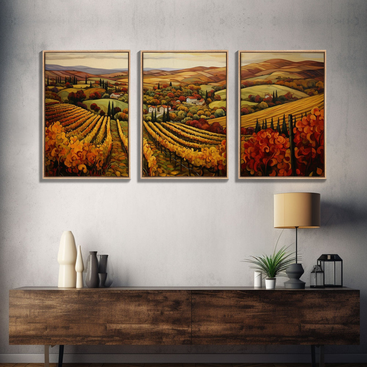 Italian Vineyard Framed Canvas Prints, Minimalist Fall Decor, Fall Centerpiece Art, Autumn Centerpiece, 3 Piece Art, Large Wall Art