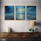 Night Time Beach Art, Framed Canvas Prints, Triptych 3 Panel Wall Art, Tropical Decor, Centerpiece Art