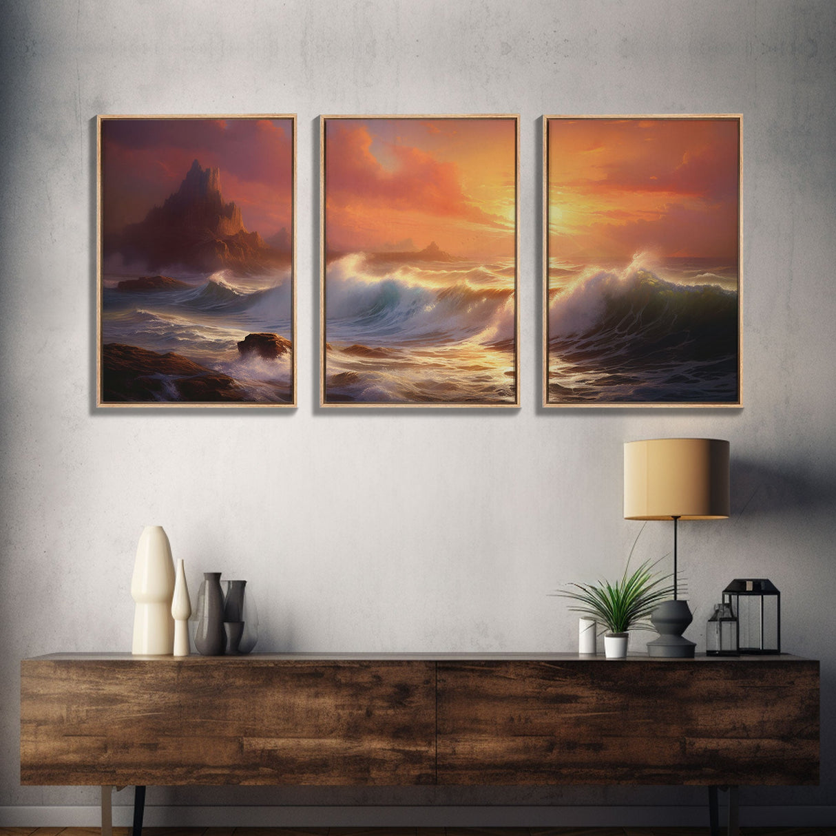 3 Piece Art Set, Seascape Painting Canvas Print, Beach House Decor, Sunset Painting, Original Painting, Boho Style Living Room Art