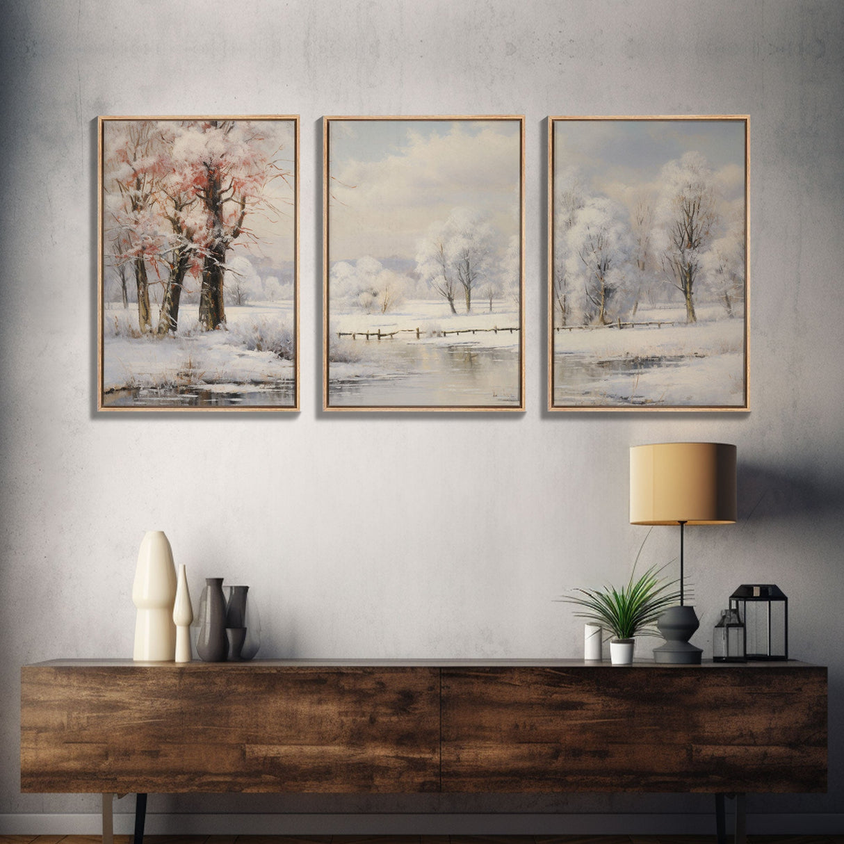 3 Piece Winter Scene, Framed Canvas Prints, Triptych Christmas Painting, Christmas Decor, Winter Art, Christmas Wall art, Xmas Art