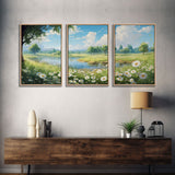 Beautiful Spring Meadow Landscape Painting 3 Piece Set, Spring Centerpiece Art, Original Oil Painting Wall Art, Minimalist Whimsical Decor