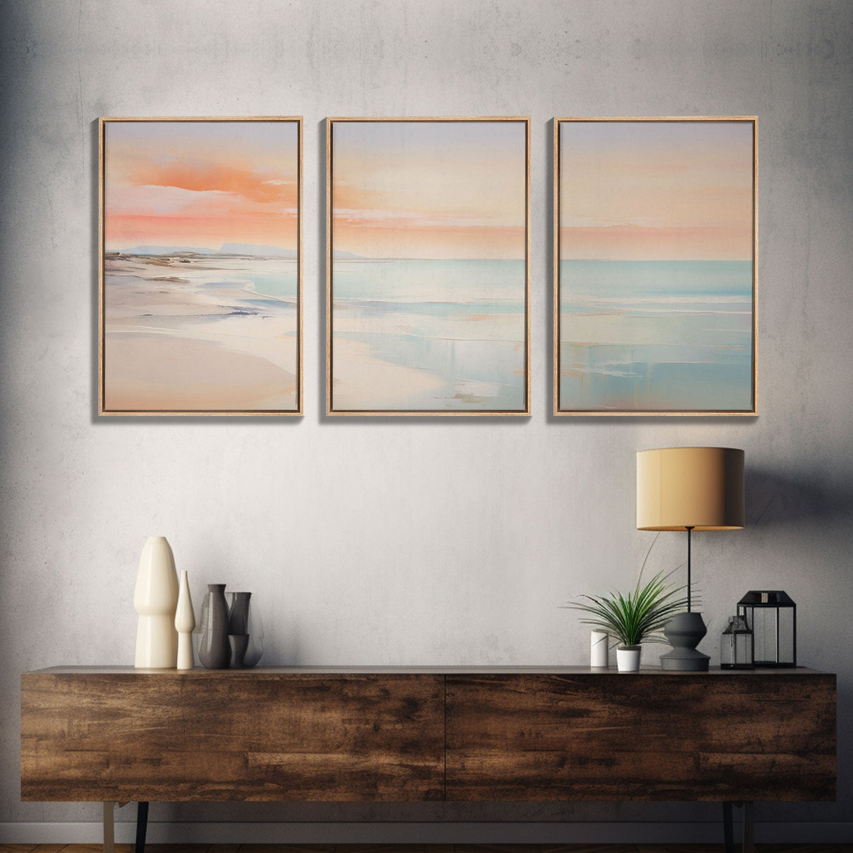 Landscape Beach Ocean Art, Canvas Print, Extra Large 3 Piece Art Beach Painting, Minimalist Abstract Coastal Beautiful Dining Room Art