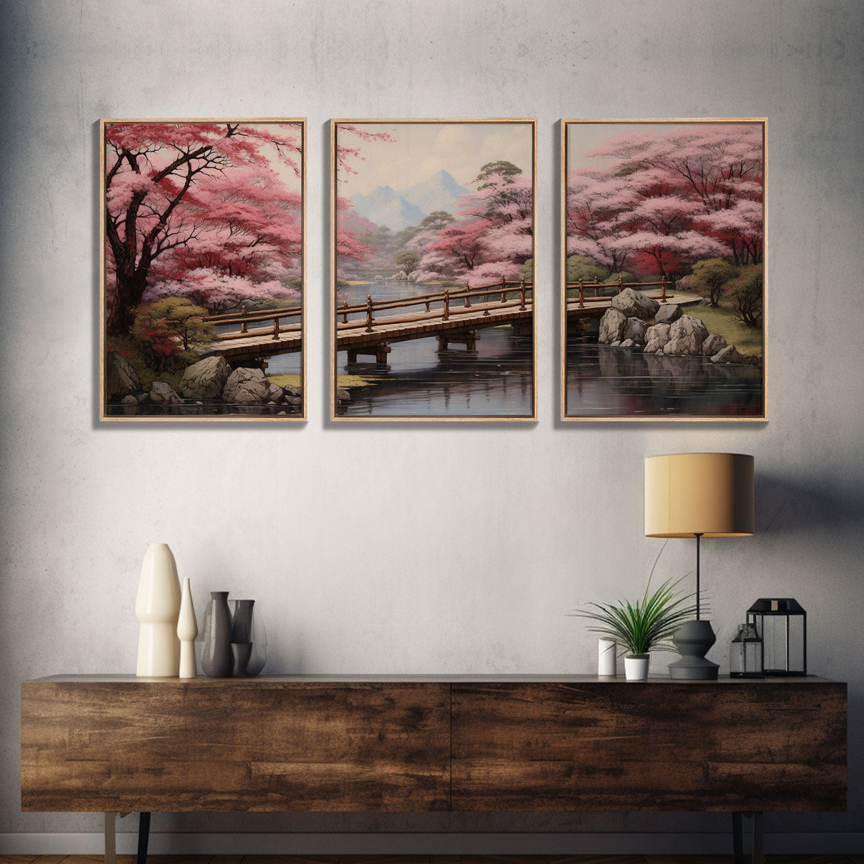 Cherry Blossom Wall Art, Japanese Print, Landscape Wall Art, Canvas Print, Wall Art, 3 Piece Wall Art, Farmhouse Wall Decor, Above Bed Art