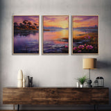 Beautiful 3 Piece Wall Art, Framed Canvas Print, 3 Piece Set, Lake House Decor, Sunset Over The Purple Marsh, Above Sofa Art