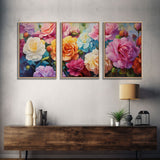 Beautiful Rose Art, Framed Canvas Print, Floral Art, Botanical  Decor, Blue and Yellow Roses, 3 Piece Art Set