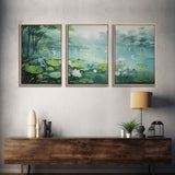 The Lilly Pads, Framed Canvas Prints, 3 Piece Art, Beautiful Pond Painting, Centerpiece Art, Nature / Landscape Painting