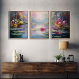 The Lilly Pads, Framed Canvas Prints, 3 Piece Art, Beautiful Pond Painting, Centerpiece Art, Nature / Landscape Painting