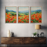 The Poppy Fields, Beautiful Red Flowers, Wildflower Art, Framed Canvas Prints, 3 Piece Set, Triptych, Wall Art, Botanical Art, Boho Decor