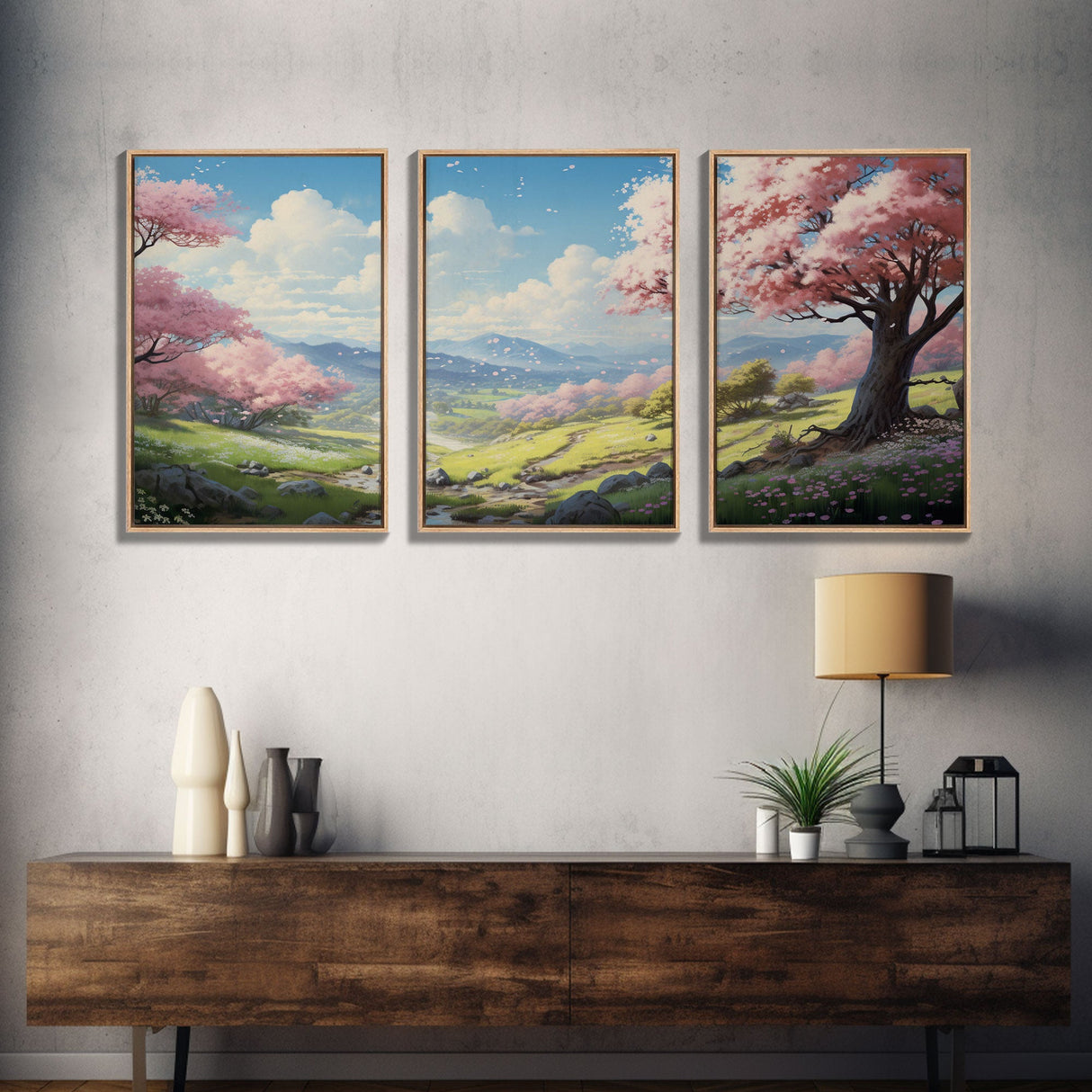 Cherry Blossom Art, Landscape Print, Mountain Wall Art, Canvas Print, Set Of 3 Prints, Wall Art, 3 Piece Wall Art, Country Home Decor