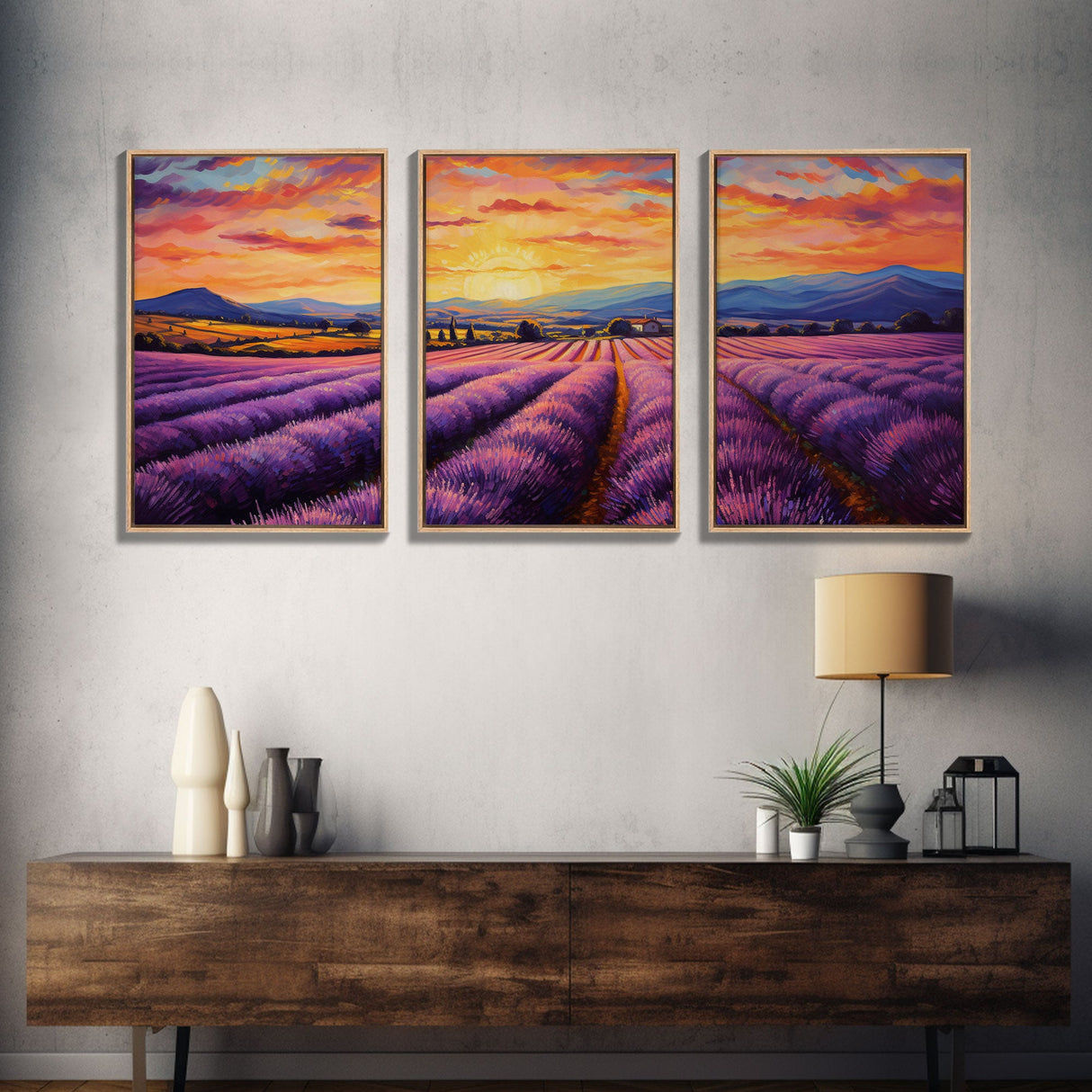 Purple Lavender Fields, 3 Piece Wall Art, Framed Canvas Print, Beautiful Original Landscape Painting, Sunset Painting, Farmhouse Decor