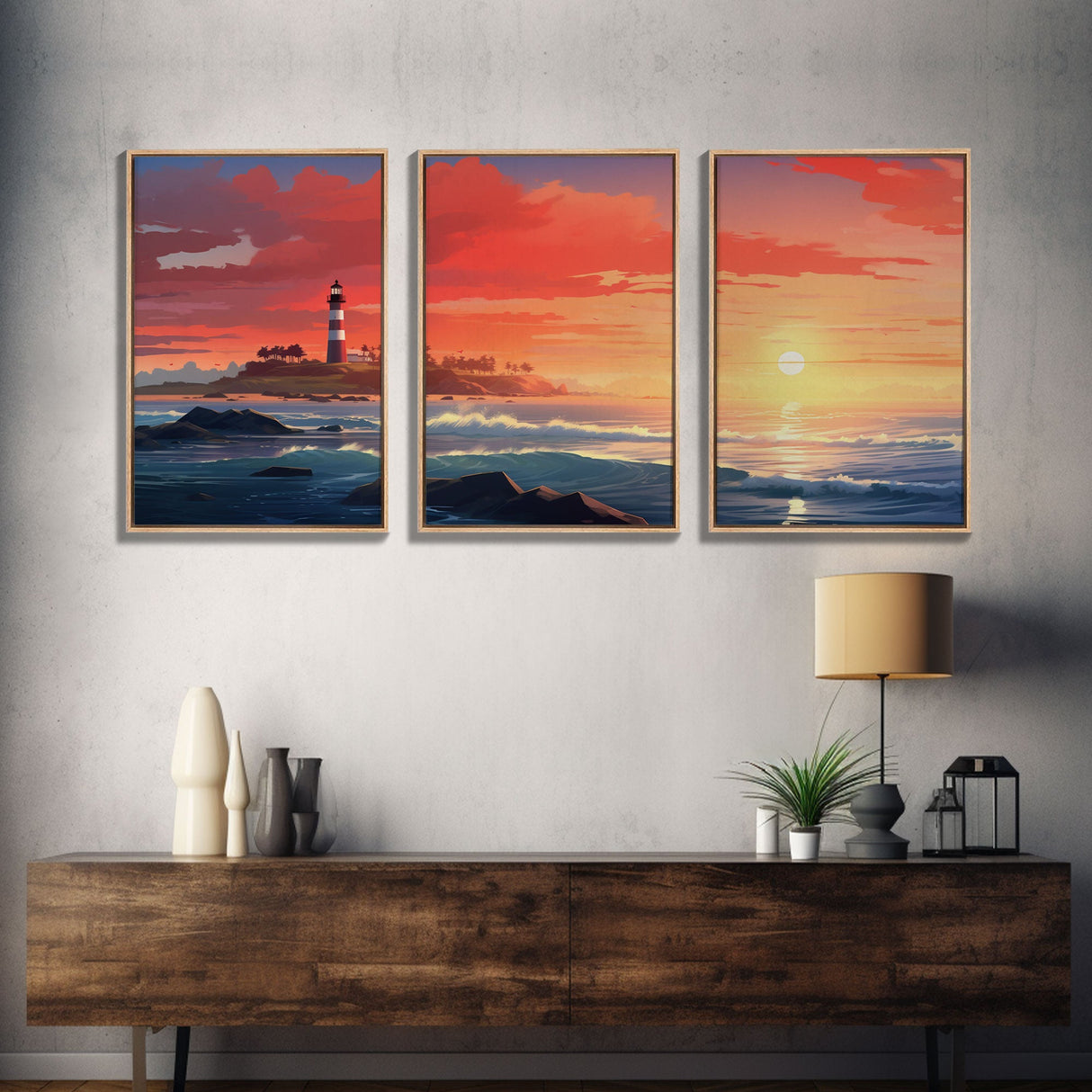 Sunset Wall Art, Light House Decor, Ocean Art Print, Canvas Print, Wall Art, 3 Piece Wall Art, Nautical Print, Seascape Art Print, Cozy Gift