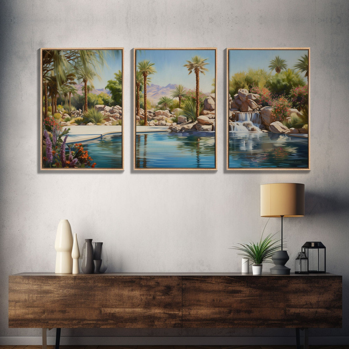 Desert Wall Art, Palm Trees Art, Oasis Print, Lake Art, Canvas Print, Wall Art, 3 Piece Wall Art, Thank You Gift, Above Bed Art, Travel Art