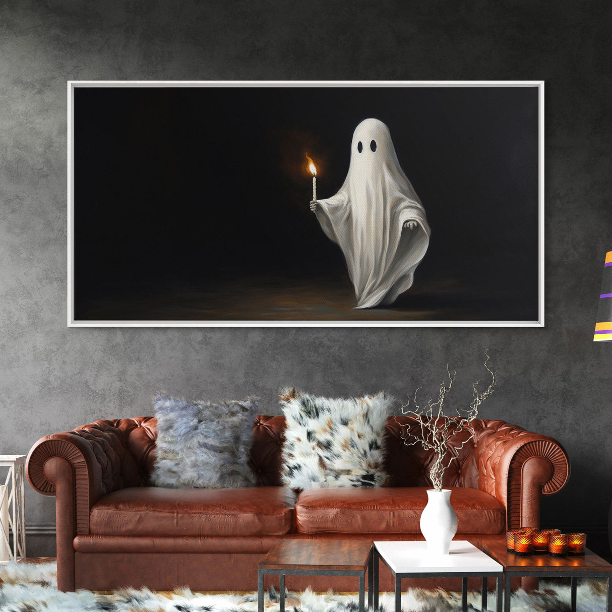 The Ghost With The Candle, Framed Canvas Print, Dark Academia Wall Art, Victorian Oil Painting Style Halloween Wall Art, Ghost Print