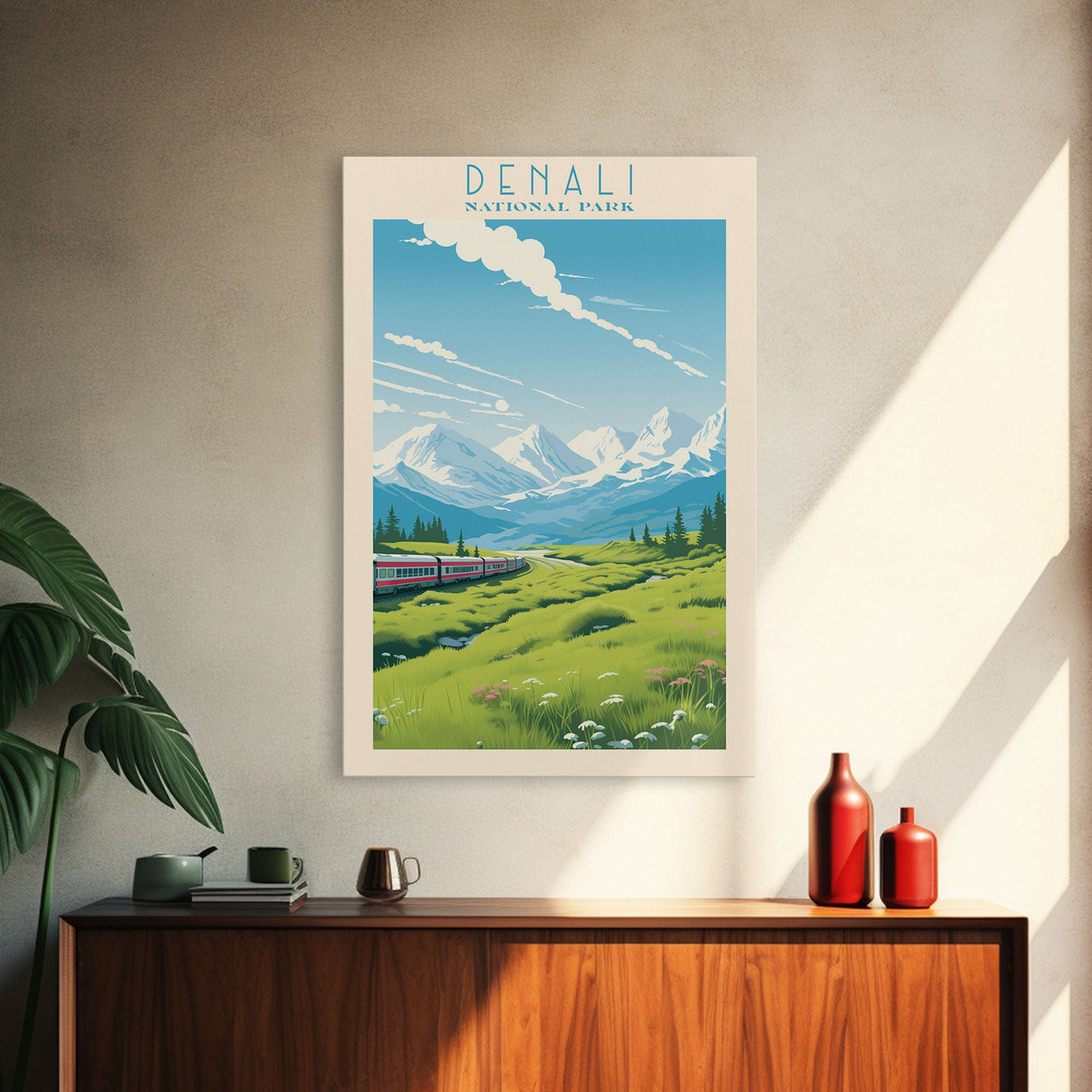 Denali National Park Travel Poster Print, Canvas Print Wall Art, Alaska Travel Art, Midcentury Modern Travel Decor, MCM Wall Art