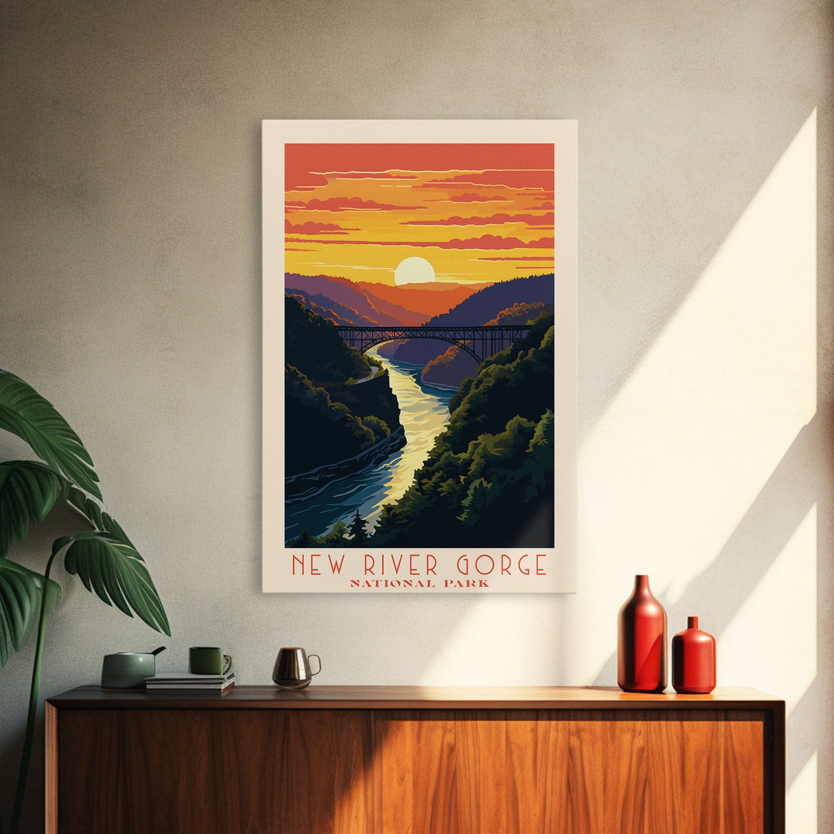 New River Gorge National Park, West Virginia Travel Art, National Park Print, Minimalist Travel Art, Midcentury Modern Retro Style Landscape