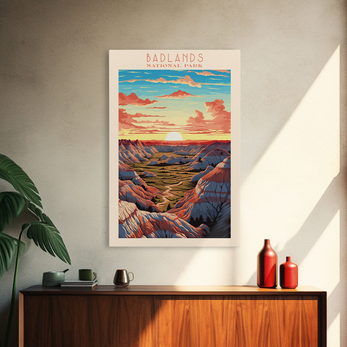 Badlands National Park, Framed Wall Art Canvas Print, Travel Poster, South Dakota Travel Art, Roadtrip Decor, Cool Art, Retro State Park Art