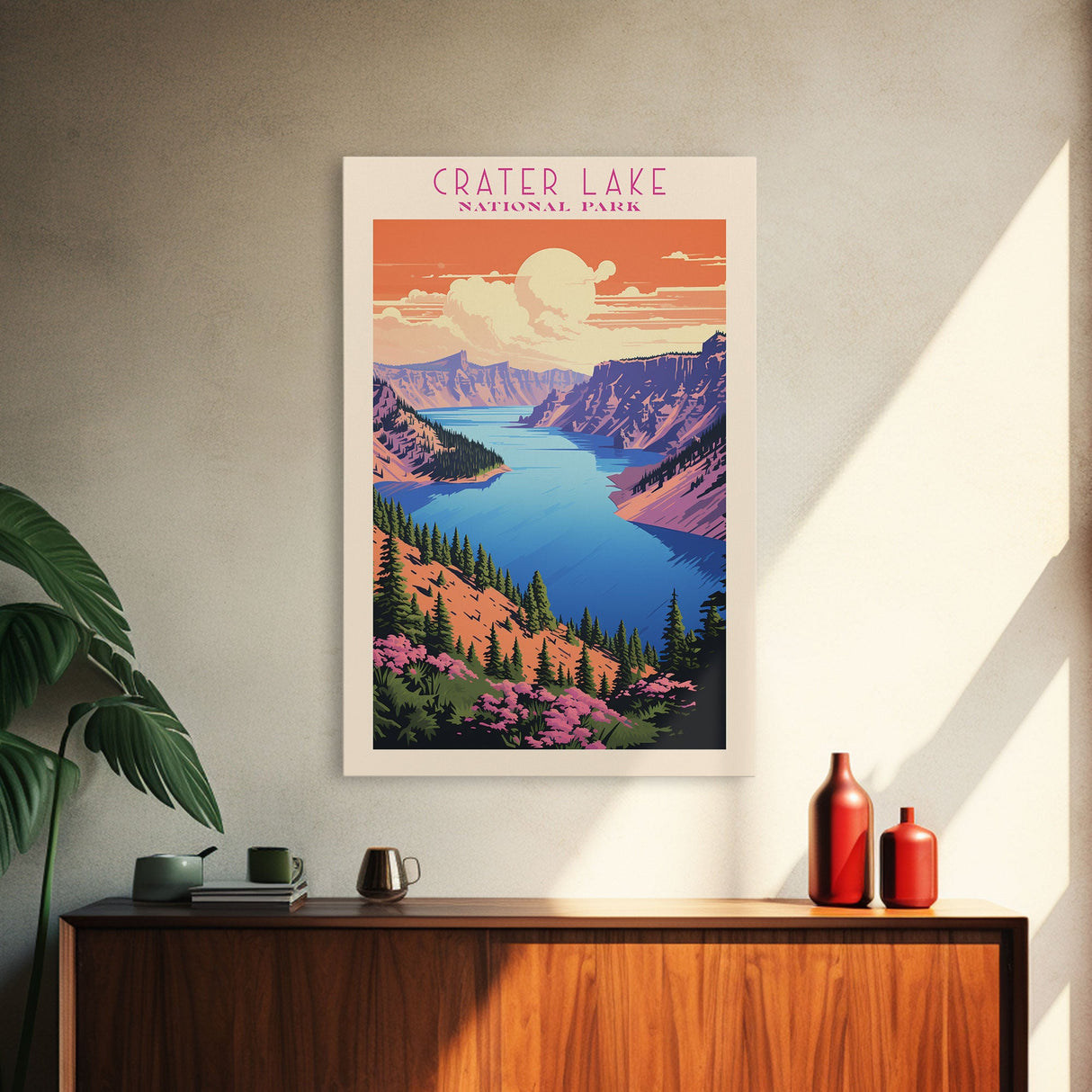 Crater Lake National Park Travel Poster Print, Canvas Print Wall Art, Oregon Travel Art, Midcentury Modern Travel Decor