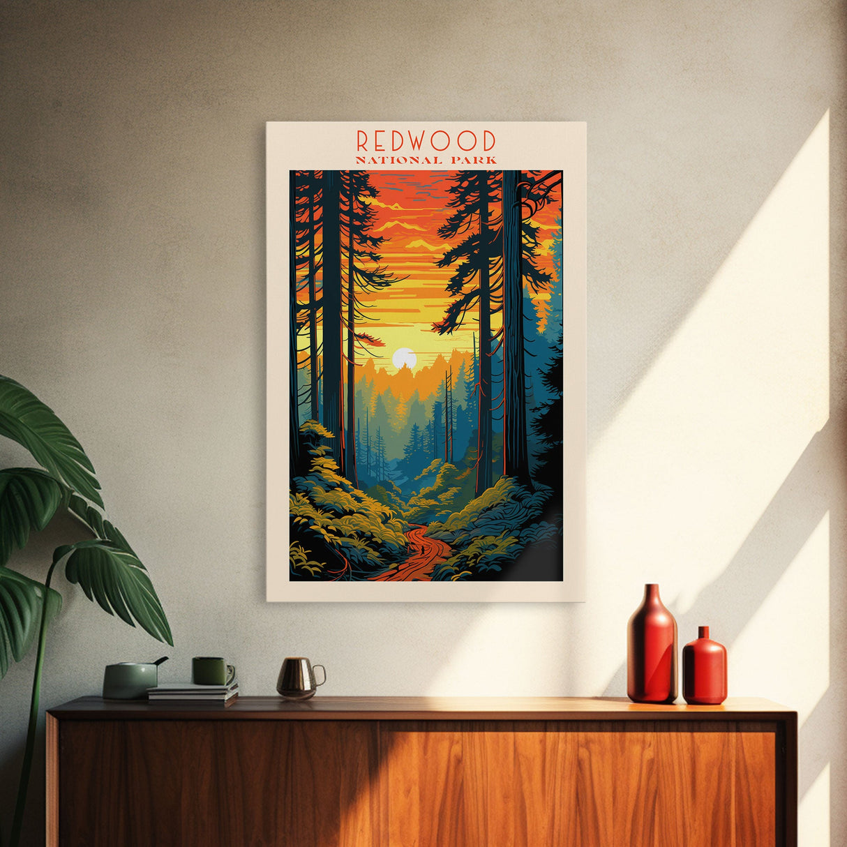 Redwood National Park, California Travel Art, National Park Print, Minimalist Travel Art, Midcentury Modern Retro Style Landscape