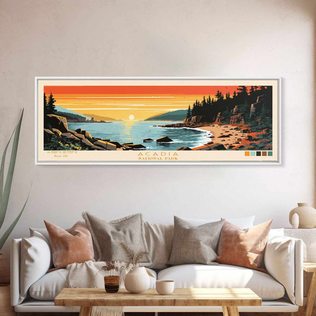 Acadia National Park, Panoramic Maine Travel Art, National Park Print, Minimalist Travel Art, Midcentury Modern Style Landscape