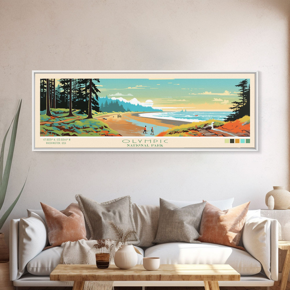 Olympic National Park Panoramic Washington Travel Art, National Park Print, Minimalist Travel Art, Midcentury Modern Style Landscape