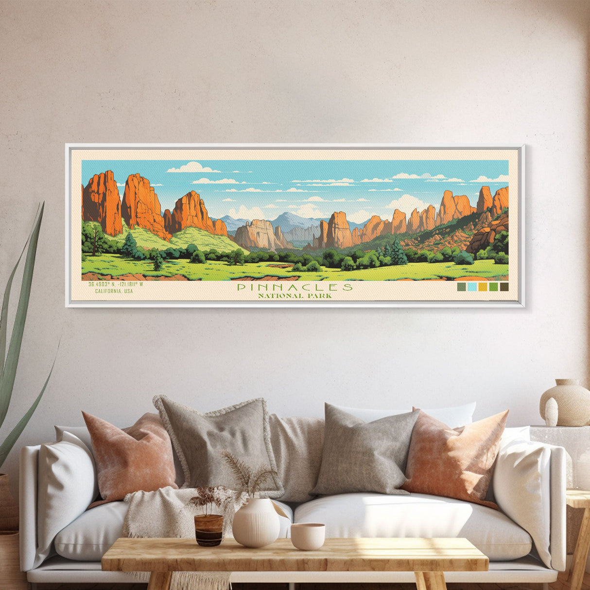 Pinnacles National Park Panoramic Califorrnia Travel Art, National Park Print, Minimalist Travel Art, Midcentury Modern Style Landscape