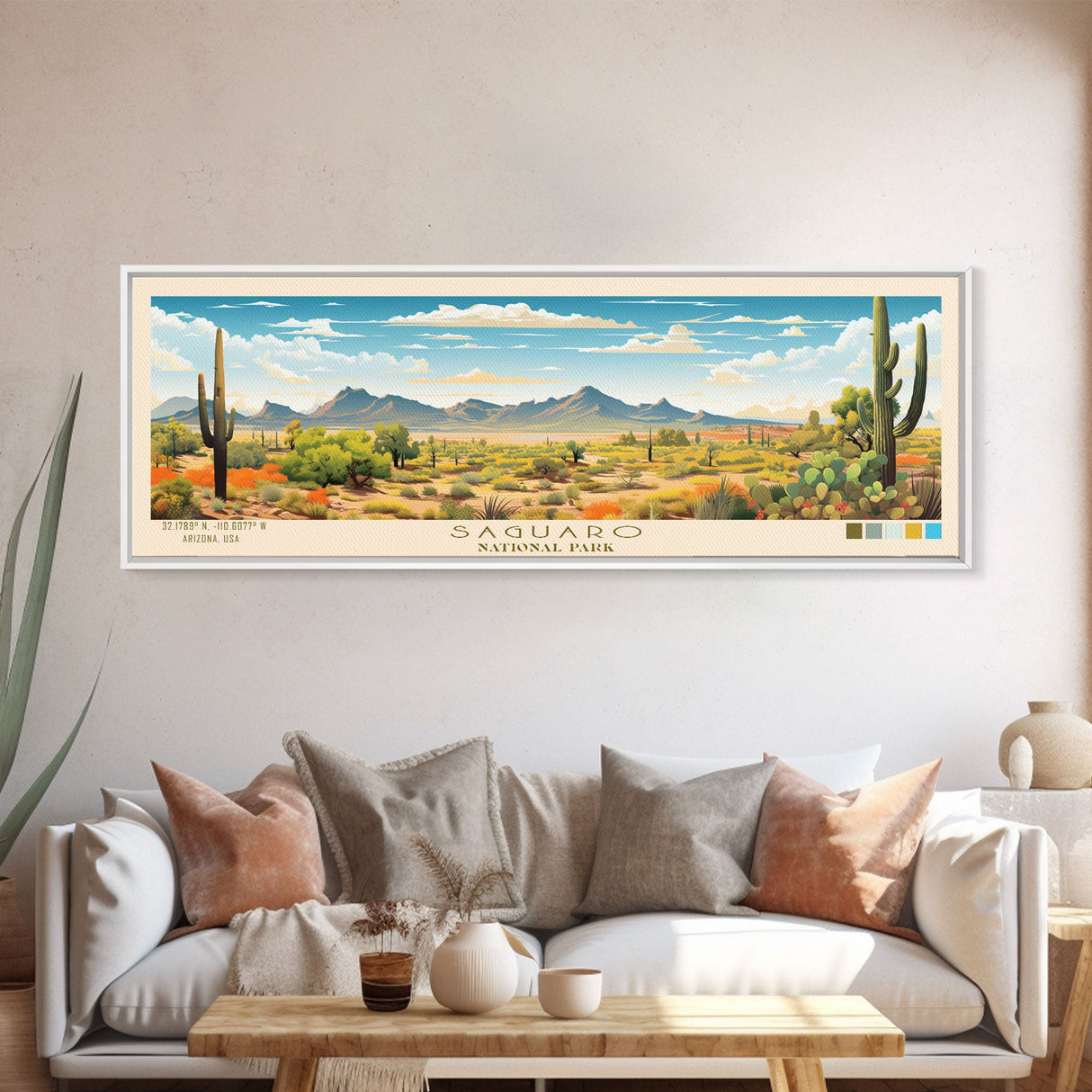 Saguaro National Park Panoramic Arizona Travel Art, National Park Print, Minimalist Travel Art, Midcentury Modern Style Landscape