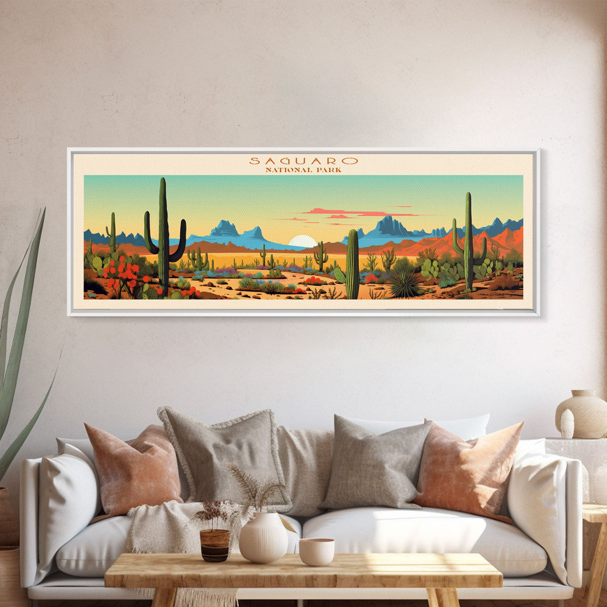 Saguaro National Park Panoramic Arizona Travel Art, National Park Print, Minimalist Travel Art, Midcentury Modern Style Landscape